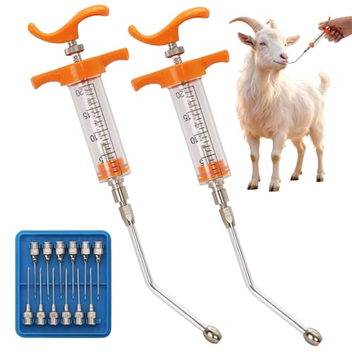 2 Pcs Goat Syringe Reusable Adjustable Goat Drench Syringe with 2 Drench Nozzle and Needles, Feeding Supplies for Cattle, Sheep, Goats, Horse, Pig, Dog (Orange, 20ML) - color: Orange, size: 20ML