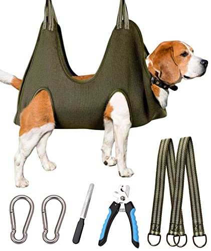 Kkiimatt Dog Grooming Hammock Harness for Medium-Large Size Dogs, Pet Grooming Hammock Dog Nail Hammock with Nail Clippers/Trimmer,Dog Sling Holder Helper for Nail Trimming/Clipping - color: Khaki Green, size: L/Under 45 lb