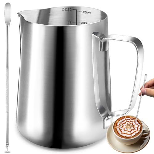 32oz Milk Frothing Pitcher, 304 Stainless Steel | 12oz/20oz/32oz Milk Frother Cup with Measuring Scale & Latte Art Pen for Espresso, Coffee, Cappuccino - size: 32 Ounces