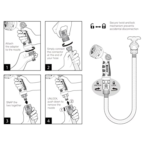 Eden 94814 Metal Thumb Control Heavy Duty Garden Hose Nozzle, Water Sprayer Nozzle with 6 Adjustable Watering Patterns, W/Quick Connect Starter Set for Plants, Lawn, Garden - style: Angled Thumb Control