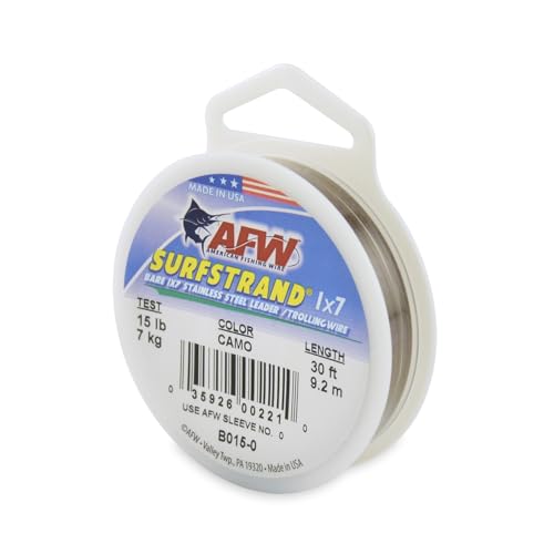 American Fishing Wire Surfstrand Bare 1x7 Stainless Steel Leader Wire - Fishing Leader Line for Saltwater, 20lb Test - 325lb Test in Bright, Camo in 30ft, 300ft, 600ft and 1,000ft Lengths - color: Camo, size: 15 lb / 30 ft