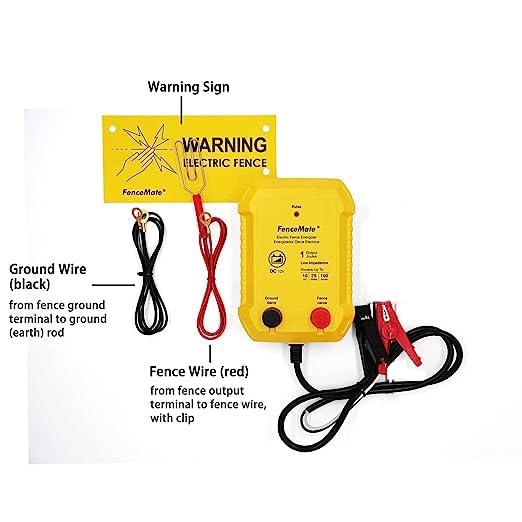 FenceMate Battery Powered Electric Fence Charger Output 1J up to 25 Miles | to Contain Livestock, Poultry, Fencer to Protect Paddock, Pond, Homestead, Orchard, Peak 10 kV, Low Impedance Fence Energizer - style: 1J, 12V battery not included