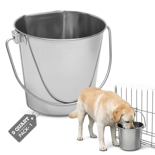 9 quart Stainless Steel Flat Side Bucket | 2.25 gal Durable Heavy Duty Food & Water Feeding Pails for Dog Goat Sheep horse | Fits kennel Cage Critter Crate Hanging Pet Pail | Multipurpose - size: 9 Quarts
