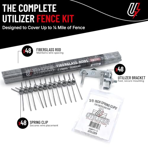 Utilizer Electric Fence Extension Stand-Off Kit – 1/4 Mile T-Post Bundle | Includes Fence Post Brackets, 3/8x15” Rigid Electric Fence Posts & T Post Clips – Zero-Sag Electric Fence Kit - size: 15"Rods - 1/4 Mile