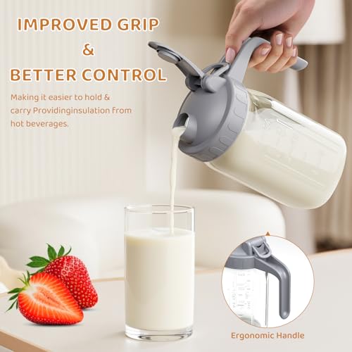 32 oz Breast Milk Pitcher, Glass Mason Jar Pitcher with Lid | Airtight, Leak Proof, Wide Mouth, Pour Spout Lid, Thick Glass, Fridge Safe, Ergonomic Handle, Easy to Clean - color: Gray, size: 32 Ounces