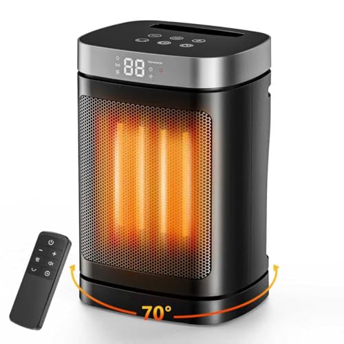 1500W Portable Space Heater for Indoor Use, Fast Heating PTC Electric Heater with 70° Oscillation, Remote Control, 1–12H Timer, Quiet Small Heater for Bedroom Home Office - size: 9.96" / 70° Oscillation