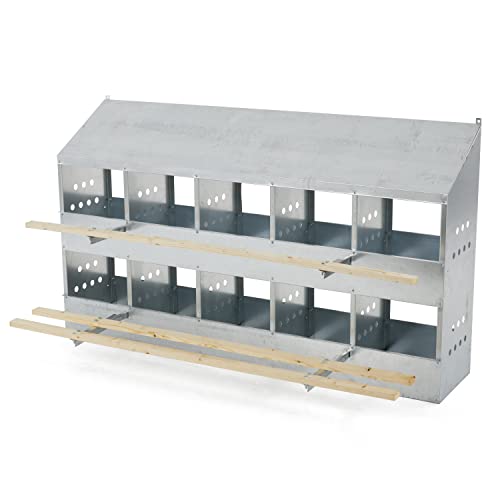 Brower 2-Tier 10-Hole Galvanized Steel Chicken Nesting Box, Silver, 2-Pack | Holds 50 to 60 Hens per Unit, Hinged Folding Perches, Ventilation Holes, Removable Bottoms, Slanted Roof