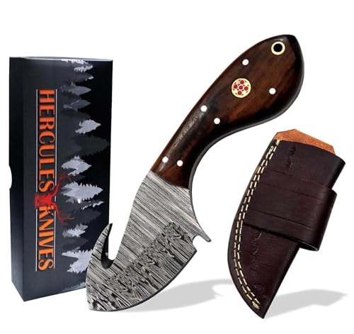 Hercules Custom Hand Forged Damascus Gut Hook Knife with Leather Sheath, Skinning Knife, Fixed Blade Hunting, Camping, Bushcraft, Survival, Outdoor Knives, Walnut Handle (FBK-05) - color: FBK-E
