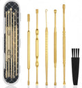 Hion 6 Pcs Extended Ear Wax Removal Kit,Professional Double-Headed Ear Pick Earwax Removal Tools,316L Stainless Steel Ear Cleaner Curette with Cleaning Brush and Storage Box,Suit for Kid Adult(Gold) - color: Gold
