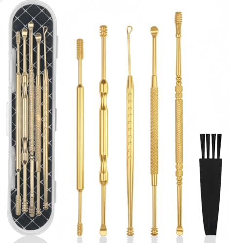 Hion 6 Pcs Extended Ear Wax Removal Kit,Professional Double-Headed Ear Pick Earwax Removal Tools,316L Stainless Steel Ear Cleaner Curette with Cleaning Brush and Storage Box,Suit for Kid Adult(Gold) - color: Gold