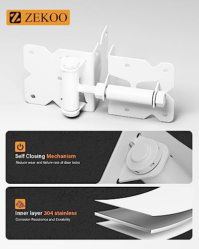 ZEKOO Stainless Steel Vinyl Fence Gate kit, Self Closing Gate Hinge & Latch | Rust Proof, Use for Vinyl Fence Gate and Wood Fences Gate, Heavy Duty 1 Gate Latch 2 Gate Hinges (White) - color: White One Set