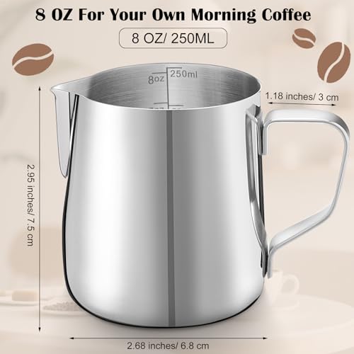 Honeydak 12 Pcs Milk Frothing Pitcher 304 Stainless Steel Steaming Pitchers for Coffee Bar Cappuccino Barista Tools Milk Jug Steamer Frother Cup (8 oz) - color: bright silver, size: 8 oz