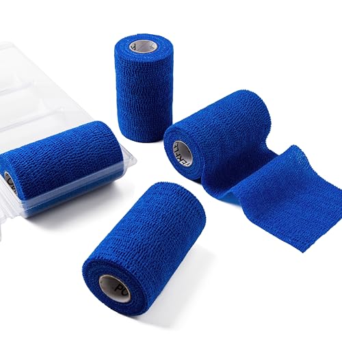 PowerFlex Equine – Extra Strong Self-Adhering Bandage Wrap – Wound Care, Compression & Support Bandage for Horses, Cows & Dogs – Blue, 4 inch, 4 Rolls (Resealable Case) - color: Blue