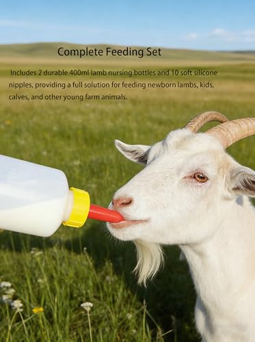 2 Pack 400ml Lamb Feeding Bottle with 10pcs Silicone Nipples, Heavy-Duty Plastic Nursing Bottle for Lambs, Goats, Calves, Farm Animal Feeding Supplies