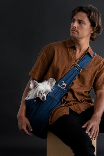 Noah & Paw Dog Sling Carrier for Small Dogs 5-18lb, Dog Sling for Small Dogs and Cats, Dog Carrier with Adjustable Padded Strap, Premium Denim, Lined with Fur, Double Safety Feature, Machine Washable - color: Dark Blue, size: 18.0"L x 10.0"W x 6.5"H