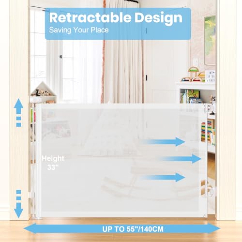 HAMOPY Retractable Baby Gate, 33" Tall, Extends up to 55" Wide, Durable Auto-Lock Baby Gate for Stairs, Mesh Dog Gate and Child Safety Gates for Doorways, Hallways, Indoor, Outdoor(White) - color: Wh-1