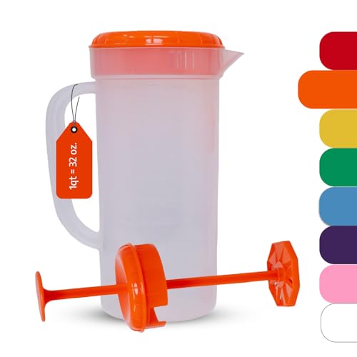 1 Quart Plastic Mixing Pitcher with Mixing Lid, BPA Free, Shatterproof Beverage Jug for Iced Tea, Lemonade, Juices, Milk – Leak-Proof, Easy Stirring, Dishwasher Safe | Orange - color: Orange, Mixing Pitcher w/ Opt. Lid