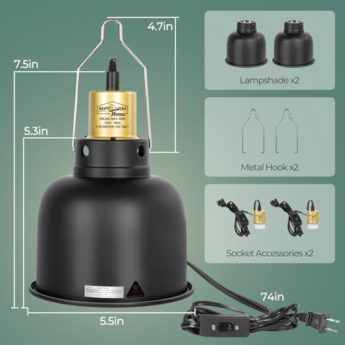 2 Pack Reptile Light Fixture, 5.5in Deep Dome Reptile Heat Lamp Fixture with Switch, Dual Terrarium UVB Basking Light Fixture for Bearded Dragon Snake, Suitable for E26 Bulbs Up to 100W - size: 5.5IN 100W