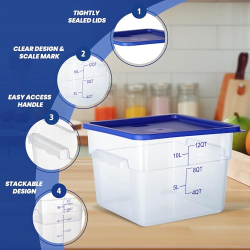 4 Pack 12QT Square Food Storage Containers with Lids | Clear NSF polycarbonate containers with scale, label and measuring cup, stackable for prep, storage, freezer. Dishwasher safe - color: 12Qt-New Version