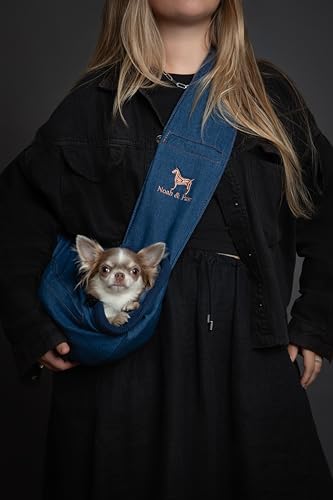 Noah & Paw Dog Sling Carrier for Small Dogs 3-10lb, Dog Sling for Small Dogs and Cats, Dog Carrier with Adjustable Padded Strap, Vegan Denim Lined with Fur, 3X Safety Features, Machine Washable - color: Light Blue, size: 15.0"L x 6.0"W x 5.5"H