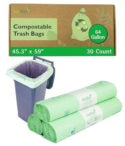 bioMat 64 Gallon Compostable Food Scrap Bags, 30 Count | BPI, CMA and OK Compost HOME certified, Meets the ASTM D6400 Standard, XL Flat Top Bin Liner for Kitchen Food Waste Bin - size: 10 Count (Pack of 3), style: 64 Gallon