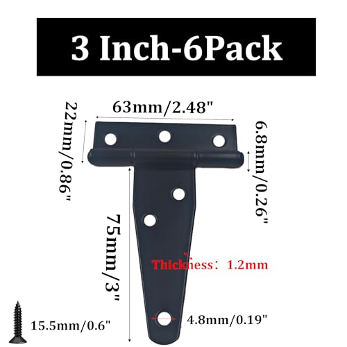 6PCS 3" Heavy Duty T-Strap Hinges, Black Rustic Iron Hinge, Rustproof Gate Tee Hinges for Outdoor Sheds, Barn Doors & Wood Fences-Thickness 1.2mm - size: 3 Inch