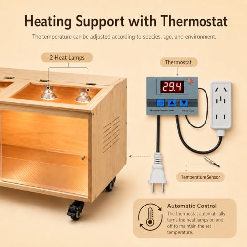 Wooden Chicken Brooder, Pine Wood Chick Brooder for Chicks with Thermostat with Heat Lamps, Thermostat & Locking Casters, Indoor Chick Brooder Box for Quail，Hamster and Small Animal (40x20x20 in)