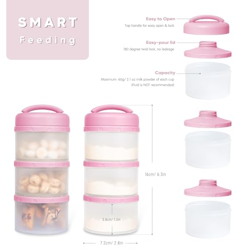 Termichy Stackable Formula Dispenser Portable: Milk Powder Container to go | Separated Compartments Premeasure Storage - Mess-Free Funnel Spout for No-Spill Pouring - for Home or Travel Use - color: Baby Pink
