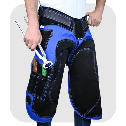– Farrier Apron Cowhide Leather Hoof Trimming Chaps | with Premium Air Mesh Lining, Foam Knee Pads, 4 Knife Pockets & Nail Magnets | Adjustable Waist for Men & Women (Apron Only) - color: Blue - Black, size: 65cm - 25inch