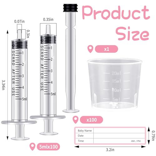 Trelaco 100 Sets 5 Ml Breast Milk Syringes No Needle Colostrum | Sterile Sealed with Caps and Cup, Baby Name Labels, Needle-free Harvesting for Storing Freezing Milk, For Postpartum Moms - size: 5 ml