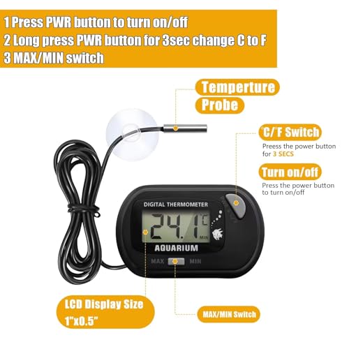 Digital Aquarium Thermometer with LCD Display MAX/MIN Memory for Fish Tank/Reptile Terrariums Water Temperature Gauge with Precision Sensor (Grey) - color: Grey