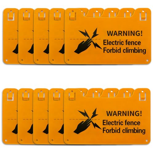 QMARK Electric Fence Warning Signs, Yellow Plastic, 8 x 5 Inch, 10 Pack | Double-Sided, High Voltage Danger Sign, Forbid Climbing Sign, For Farm Ranch Home