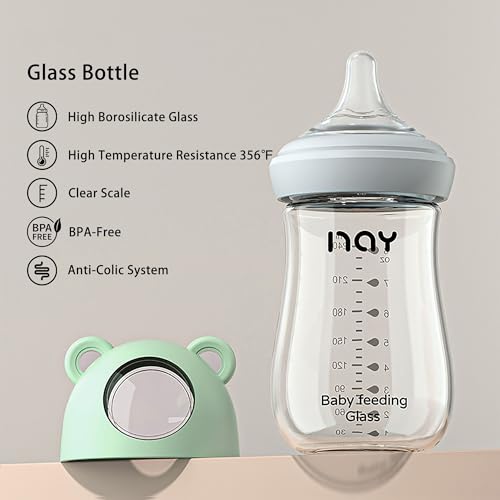 yanyoyo Natural Glass Baby Bottle for Breastfeeding Babies, 8oz Anti-Colic Baby Bottle with Natural Response Nipple(M), Clear, Wide Neck, 2 Pack, 3 Months+ - color: Green, size: 8 Ounce (Pack of 2)