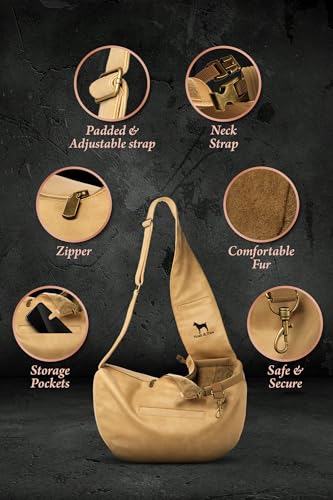 Noah & Paw Dog Sling Carrier for Small Dogs 5-18lb, Cat Carrier, Pet Sling with Adjustable Padded Strap, Vegan Leather Lined with Fur, 3X Safety Feature, Machine Washable - color: Beige, size: 18.0"L x 10.0"W x 5.5"H