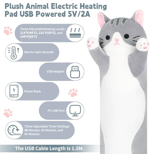 Gray Cat Plush USB Heating Pad for Girl Period Cramps Menstrual | 22” Cat Heated Plush Stuffed Animals, Portable Indoor Outdoor Use, Electric Kitten Plush Heating Pad for Women Teen Mom Gifts - color: Gray Cat Heating Pads