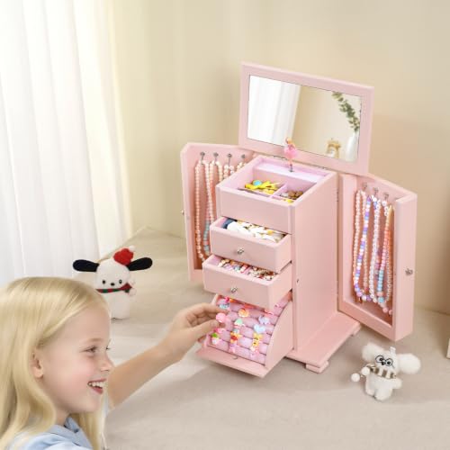 Emfogo Musical Jewelry Box for Girls, Large Kid Music Box with Ballerina for Birthday Bedroom Decor, 5 Layer Girl Jewelry Gifts for Girls Kids - Pink - color: Pink
