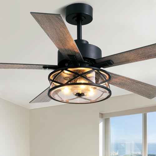 Farmhouse Ceiling Fan with Lights 52 Inch Caged | Bubble glass shade farmhouse fandelier with walnut blades, quiet DC motor, remote, 6 speeds, timer for stylish living spaces - size: 52 Inch - Walnut