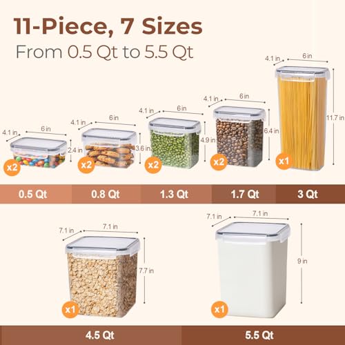ComSaf Airtight Food Storage Containers with Lids 7size 11Pack, Stackable | Plastic Canister, Flour Sugar Cereal Pasta Rice Oats Coffee Snacks Dry Food, Pantry Kitchen, Label & Scoop, BPA-free, Clear - size: 7 Size-Rectangle