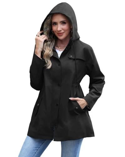 RUMIA Raincoat Women Waterproof Long Hooded Trench Coats Lined Windbreaker Jackets for Women 2026 S-2XL - color: Black, size: Large