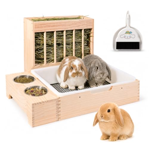 3-in-1 Rabbit Hay Feeder with Litter Box, Bowl Tray for Medium Bunnies | Wire Grate Separates Waste, Includes Mini Brush, Wooden Bunny Toilet for Dutch Rabbits, Polish, Medium Breeds,Easy Clean - size: Large