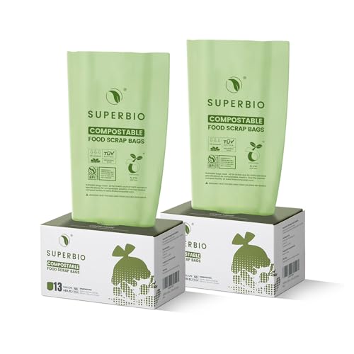 SUPERBIO 13 Gallon Flat Top Compostable Food Waste Bags, 50 Count, 2 Pack | 49.2L, 0.87 Mil, ASTM D6400 BPI and OK compost HOME - color: 13 Gallon Flat Top, 100 Count (2 Pack)