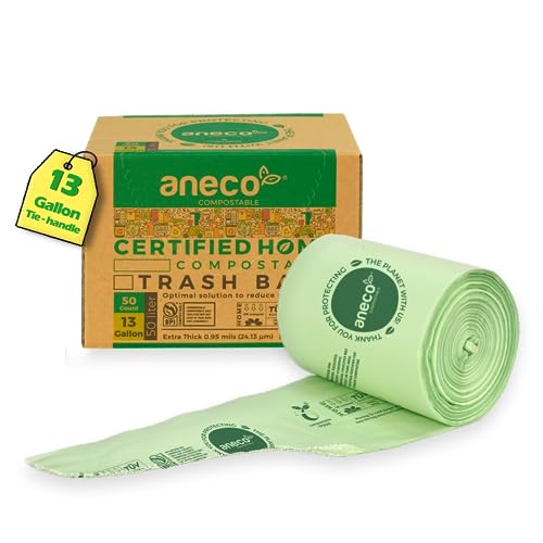 ANECO Compostable Food Waste Bags 13 Gallon, 50 Count | Extra Thick Kitchen Compost Bags With Handles, Large Compostable Bags for Tall Kitchen Bin