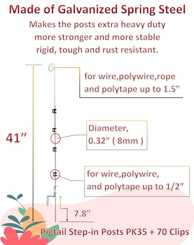 PK35 Pigtail Step-in Posts for Electric Fences, Rod Diameter 0.32 inch (8mm) x 41inch Height with 70 Extra insulators that can Clip onto The Posts - style: 35 Posts + 70 Clips