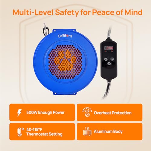 500W Dog House Heater with Thermostat, 24H Timer & Smart 40-115°F Adjustable Pet House Heater, 9.8FT Chew-Proof Cord, Kennel Heaters, Chicken Coop Heaters, Cat & Outdoor Animals