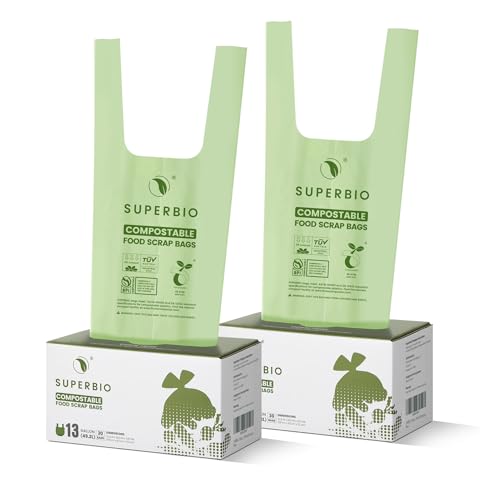 SUPERBIO 13 Gallon Handle Tie Compostable Food Waste Bags, 30 Count, 2 Pack | Food Scrap Bags with Handles, ASTM D6400, BPI and OK compost HOME - color: 13 Gallon Handle Tie, 60 Count (2 Pack)