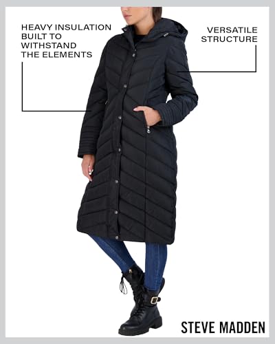 Madden Girl Womens Winter Jacket, Long Maxi Puffer Coat, Hooded Parka | Weather Resistant Full Length Warmth, Zipper and Button Closure, Cozy Insulated Hood, Zip Pockets Cold Weather Ready - color: Black, size: 1X