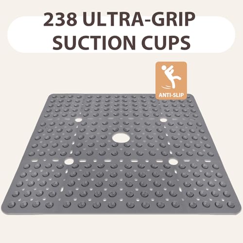 ZOESOE Square Shower Mat Non Slip: 27 x 27 Inches Large Shower Mats for Inside Shower, Soft TPE Shower Floor Mat with Suction Cups and Drain Holes, Machine Washable - color: Grey