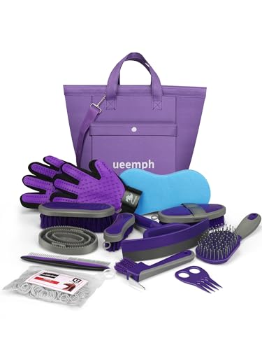 Horse Grooming Kit (12-Piece): Brushes, Storage Bag, Sweat Scraper, Mane Comb, Grooming Gloves - Purple Horse Gifts for Girls - color: Purple