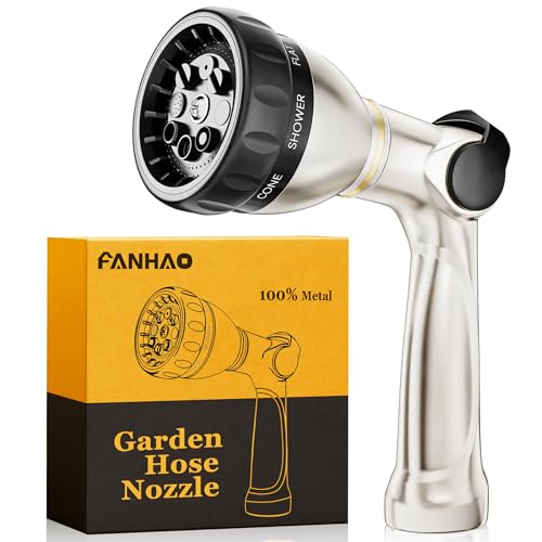 FANHAO Metal Thumb Control Garden Hose Nozzle Heavy Duty, 8 Spray Patterns | Rustproof Zinc Alloy Water Hose Sprayer High Pressure, Non-Slip Ergonomic Grip for Lawn & Plant Watering, Car & Pet Washing - color: Silver