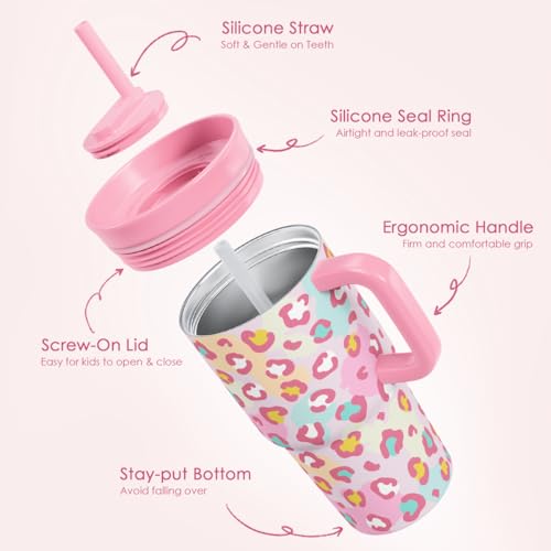 SANDJEST Leopard Skin Stainless Steel Tumbler 20oz with Handle and Silicone Straw Locking Lid for Kids Girls, Birthday Christmas Back to School - color: Leopard Skin